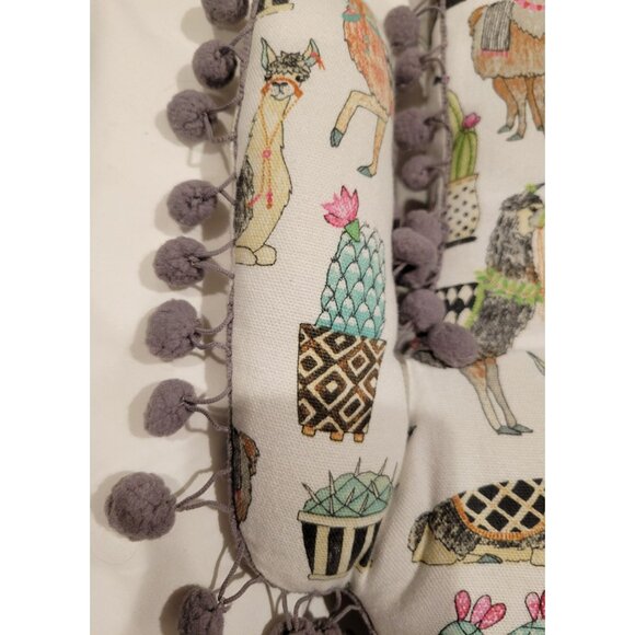 Cactus Shaped Llama & Cactus Print Pillow With Pom-Pom Trim - Picture 5 of 6